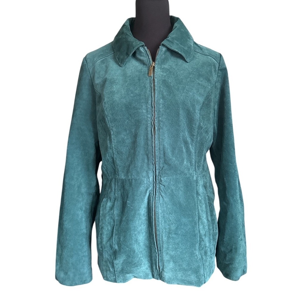Dennis by Dennis Basso Teal Green Suede Leather Full Zip Jacket, Medium,Washable